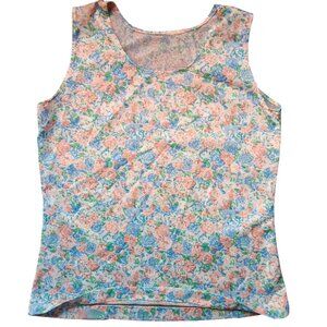 Vintage Women's Small Tank Sheer Top 1970's Granny Nylon Pink/Blue Flowers